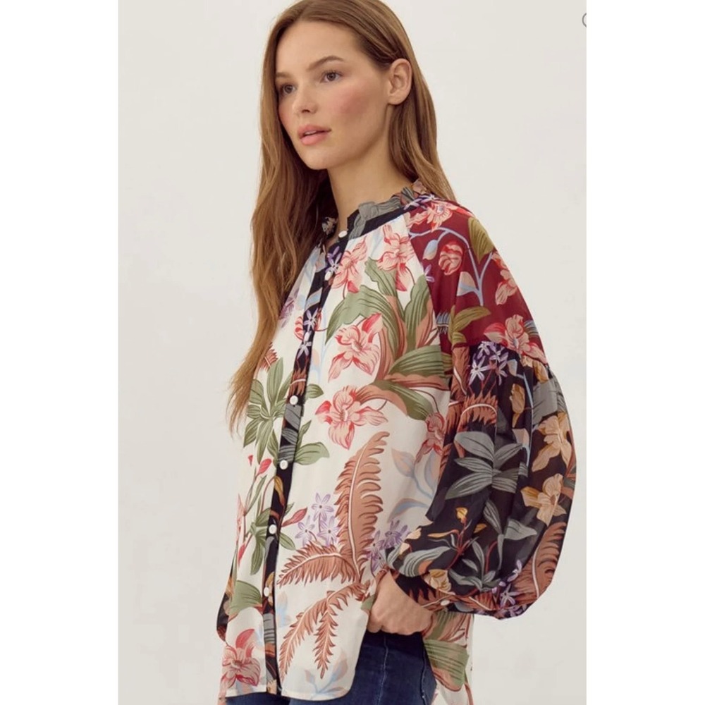Jodifl Small Color Chiffon Changing Floral Patchwork Blouse  Print Top